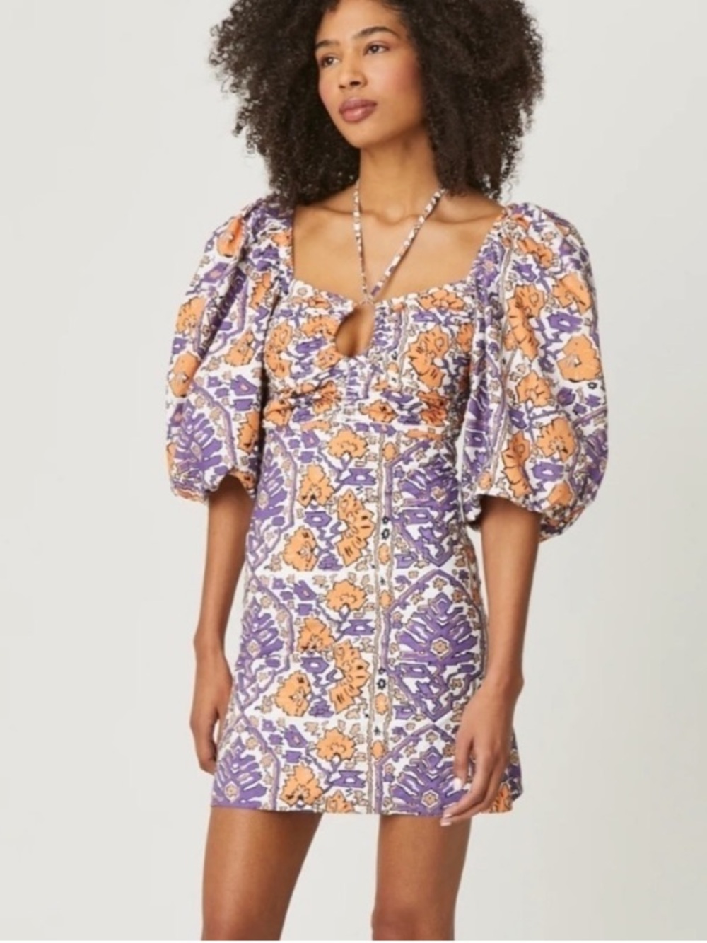 Rhode Jeanne Purple & Orange Puff Sleeve Mini Dress